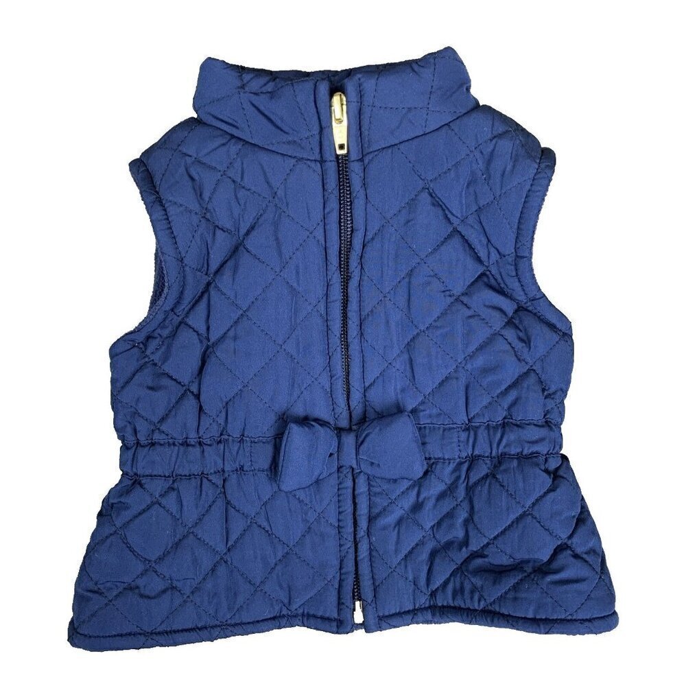 Old Navy Quilted Vest Blue Zip Gold Bow Equestrian Fall Puffer Girls‎ 3-6 Months
